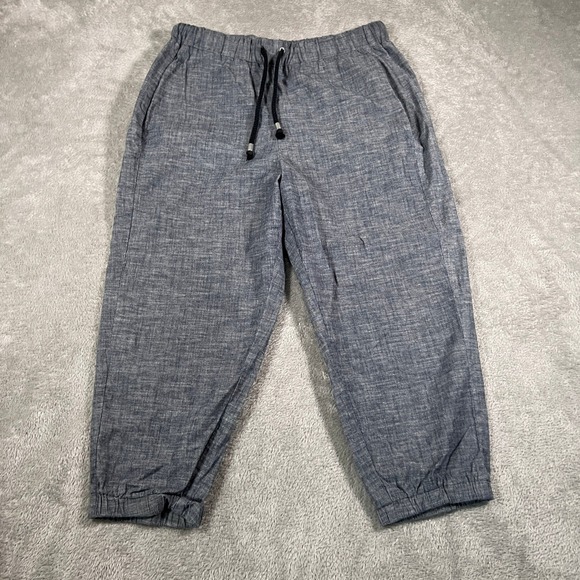 Allison Izu Womens Linen Blend Cropped Drawstring Waist Pants Size M Blue Jogger - Picture 1 of 9